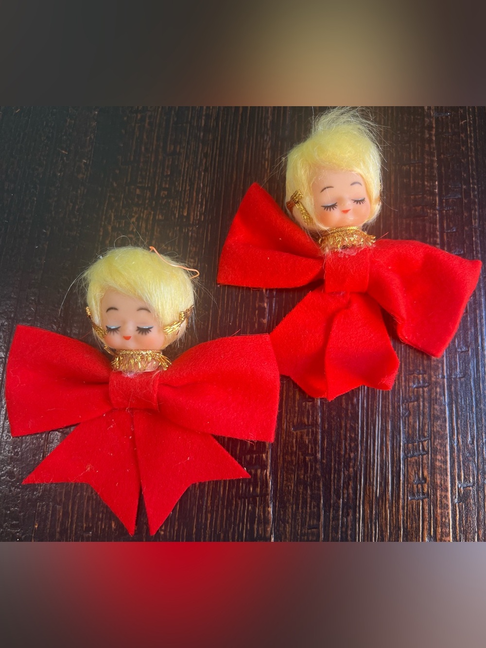 Vintage Retro Pixie Angel Girl Red Bow Christmas Ornaments Japan Lot of 2